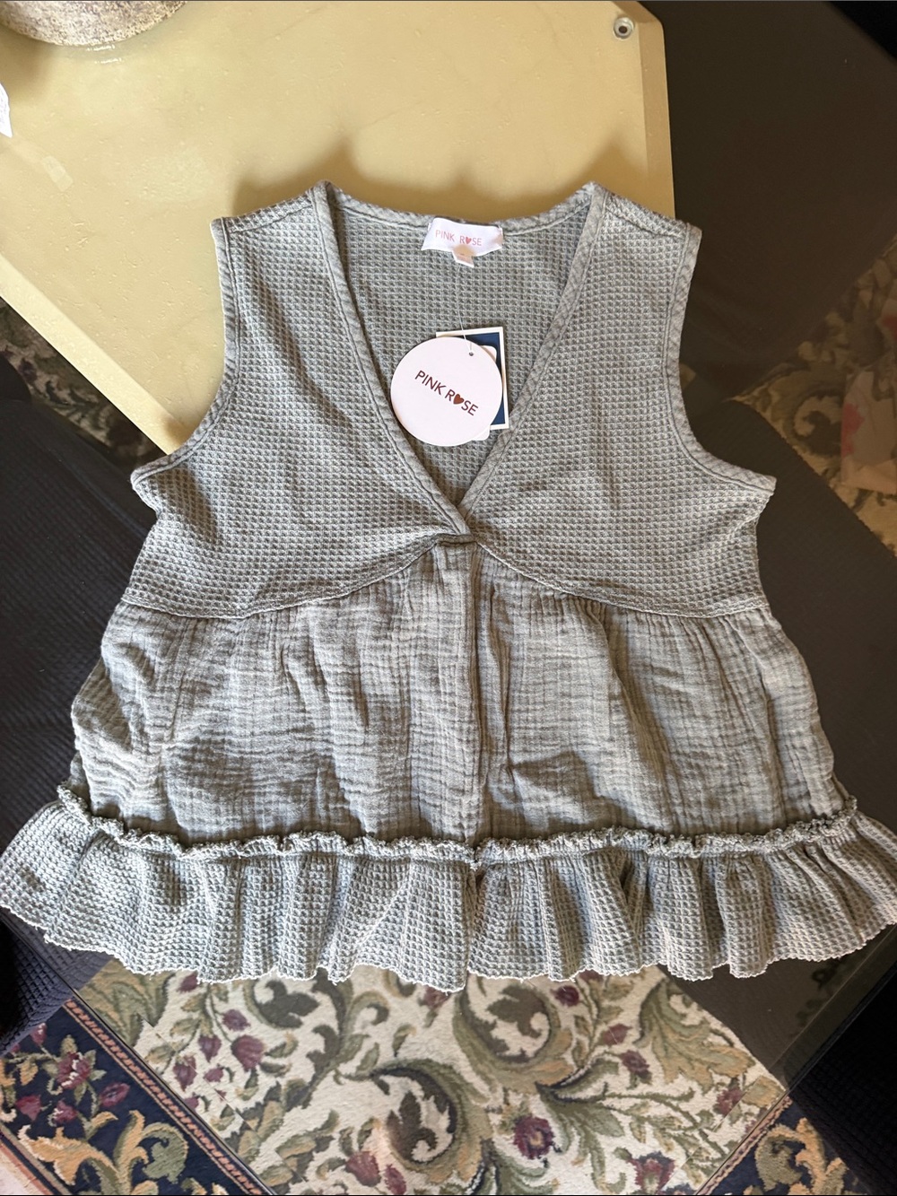 Pink Rose Gray Textured Ruffle-Hem Sleeveless Top